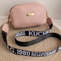 Pink PU leather crossbody camera bag with contrast lettered wide strap and gold hardware - Pink