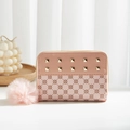 Pink polka dot mini wallet with gold rivets and decorative pompom charm for women - Pink