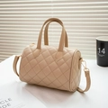 Beige quilted Boston bag with checkered pattern and adjustable crossbody strap - Apricot Diamond Grid