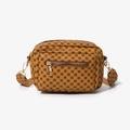 Brown crossbody camera bag with black polka dot pattern and multiple zip compartments - Tan