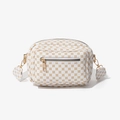 White crossbody camera bag with golden geometric pattern and matching coin purse - White