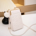 Quilted white crossbody cell phone bag with golden clasp and fluffy ball charm decoration - White