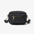 Crossbody camera bag with black geometric clover print and gold hardware detail - Black