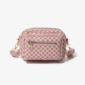Pink quilted camera bag with clover pattern, golden zippers and wide woven strap - Pink