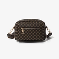 Brown vintage crossbody camera bag with geometric circular patterns and front zipper pocket - Coffee