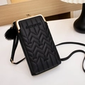 Black PU leather crossbody phone bag with V-quilting and gold-tone metal snap closure - Black