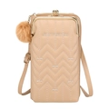 Vertical quilted beige phone crossbody bag with letter embroidery and puff ball charm - Apricot
