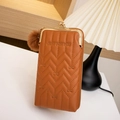 Brown crossbody phone bag with V-quilted faux leather, gold clip and plush charm - Brown