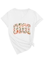 Λεπτομέρεια λευκού T-shirt με V λαιμόκοψη, φλοράλ τύπωμα GIGI και κόμπο στο πλάι - S / Λευκό