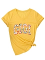 Κίτρινο T-shirt με λαιμόκοψη V, φλοράλ τύπωμα GIGI και κομψό δέσιμο στο πλάι - S / Κίτρινο