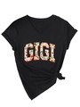 Détail du t-shirt col V avec imprimé floral GIGI et finition nouée sur le devant - S / Noir