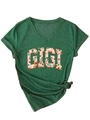 T-shirt col en V vert foncé avec imprimé floral GIGI et détail noué à la base - S / Vert Vintage