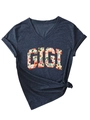 Détail d'un t-shirt col V avec imprimé fleuri GIGI et détail de l'ourlet noué - S / Bleu Marine