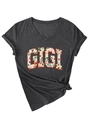Détail de t-shirt gris anthracite col V avec imprimé floral GIGI et nœud latéral - S / Gris Chiné Noir