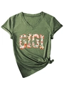Détail d'un t-shirt col V vert olive avec imprimé floral GIGI et ourlet noué stylé - S / Vert olive