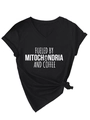 Detail of V-neck black T-shirt featuring mitochondria text print and side knot design - Black