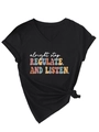 Detail of V-neck cotton T-shirt with 'alright stop' print and stylish side knot design - S / Black (White Print)