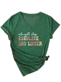 Detail of heather green V-neck T-shirt featuring a side knot hem and retro slogan print - S / Vintage Green (White Print)
