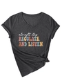 Detail of V-neck dark grey t-shirt featuring 'alright stop' text and front knot design - S / Heather Grey (White Print)