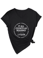 Detail of V-neck T-shirt showing reading theme graphic and side-tie knot detail - S / Black (White Print)