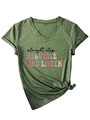 Detail of V-neck olive green T-shirt featuring letter print and stylish side knot design - S / Olive Green (Black Print)