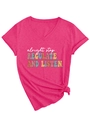Close-up of pink V-neck T-shirt with vintage letter print and decorative knot detail - S / Rose Red (White Print)