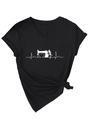 Close-up of heart sewing machine print and knotted hem detail on black V-neck t-shirt - S / Black (White Graphic)