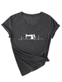 Detail of V-neck grey t-shirt featuring sewing machine and heartbeat graphic print - S / Dark Heather Grey (White Graphic)