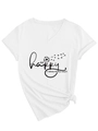 Détail d'un t-shirt blanc à col en V avec motif pissenlit et message Be Happy - S / Blanc (Police Noire)