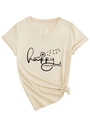 Détail du t-shirt col V crème avec imprimé Be Happy et nœud élégant à l'ourlet - S / Sable (Police Noire)