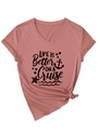 Detail of V-neck T-shirt with 'Life is better on a cruise' print and side-knot design - Rose Gold (Black Font)
