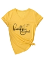 Détail d'un t-shirt jaune à col en V, manches roulées, ourlet noué et slogan Be Happy - S / Jaune (Police Noire)