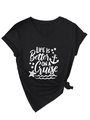 Detail of V-neck cotton T-shirt featuring 'Life is better on a Cruise' sea-themed print - Black (White Font)