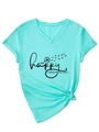 Détail du t-shirt vert menthe à col en V avec imprimé pissenlit et nœud à l'ourlet avant - S / Bleu Eau Profonde (Police Noire)