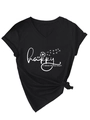 Close-up of V-neck T-shirt with 'Be Happy' print and stylish side knot detail - Black (White Font)