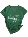 Detail of V-neck dark green t-shirt featuring Be Happy slogan and side knot hem detail - Vintage Green (White Font)