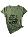Detail of V-neck dark green cruise t-shirt with rolled sleeves and a side knot hem - Olive Green (Black Font)