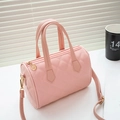 Pink quilted plaid barrel handbag with gold hardware and detachable shoulder strap - Quilted Pink