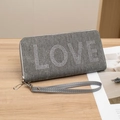 Gray denim-textured wallet with rhinestone LOVE design and matching wrist strap - Gray