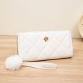 Elegant white quilted long zipper wallet with camellia charm and soft pompom strap - White