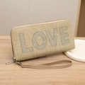 Khaki canvas LOVE rhinestone wristlet wallet with a detachable silver zipper strap - Apricot
