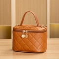 Trousse de maquillage en cuir PU matelassé marron avec fermetures éclair dorées et poignée - Petit / Marron
