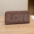 Brown denim fabric long zip wallet featuring sparkling rhinestone LOVE lettering on front - Tan