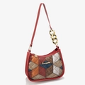 Multicolor patchwork leather hobo bag with crocodile embossing and gold chain strap - Red