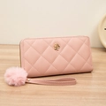 Pink quilted long wallet for women with pompom decor and wristlet strap - Pink