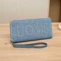 Light blue denim wallet with silver LOVE lettering and a detachable wrist strap - Blue