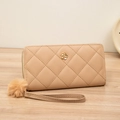 Beige quilted long wallet with golden floral buckle and fluffy pompom ornament - Khaki