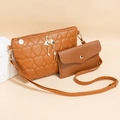 Brown heart-quilted bucket bag set with twin swan tassel and matching envelope pouch - Dark Brown