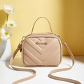Beige quilted PU leather small square crossbody bag with gold logo and top handle - Khaki
