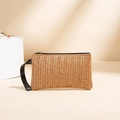 Cartera de paja trenzada con patrón en V y correa de mano de cuero negro de mujer - Marrón